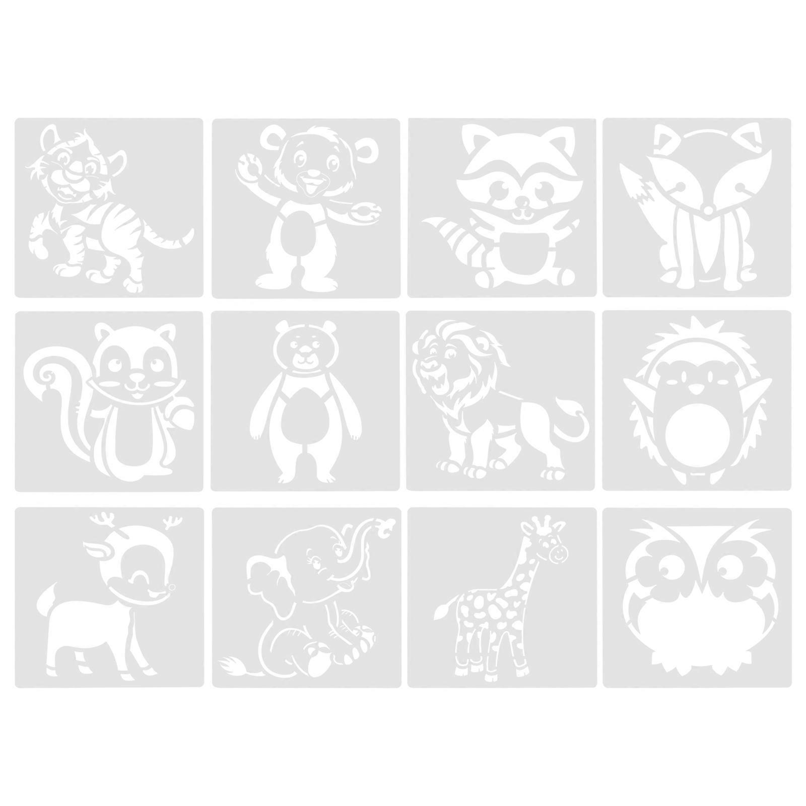 Cartoon Animal Stencils 12Pcs Drawing Templates Ideal For Children and Artists With Material in 13X13cm Size