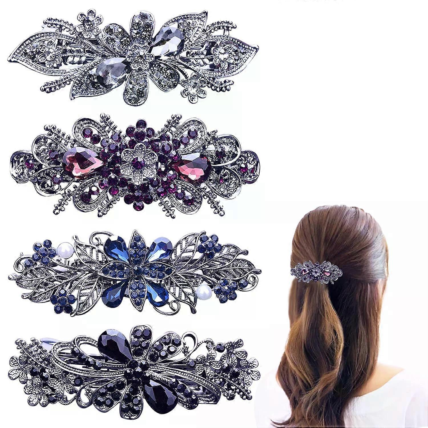 مشابك الشعر ، 4 قطع للسيدات مع زهرة كريستال أحجار الراين تصميم الكمثرى