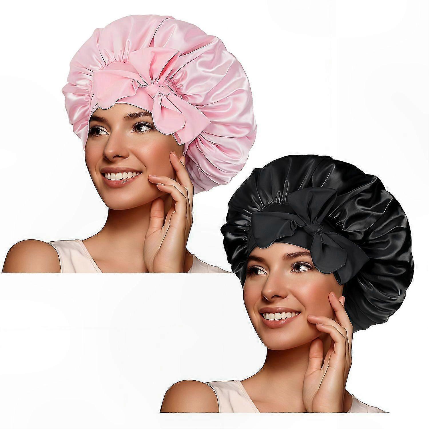 Silk Sleep Cap Set - 2pcs Pink & Black Shower Cap for Comfortable Nighttime Use