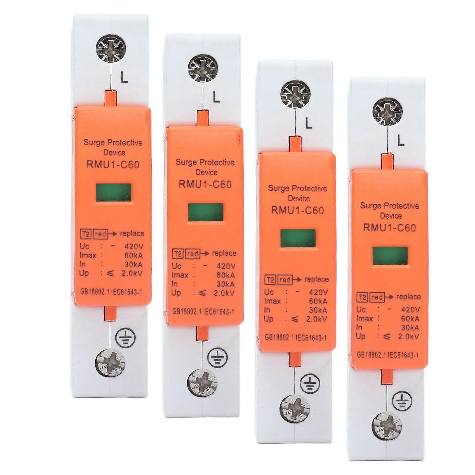 4Pcs 1P Surge Protective Device DIN Rail Mounting SPD House Arrester Protector AC 420V RMU1‑C60Imax：60kA 
