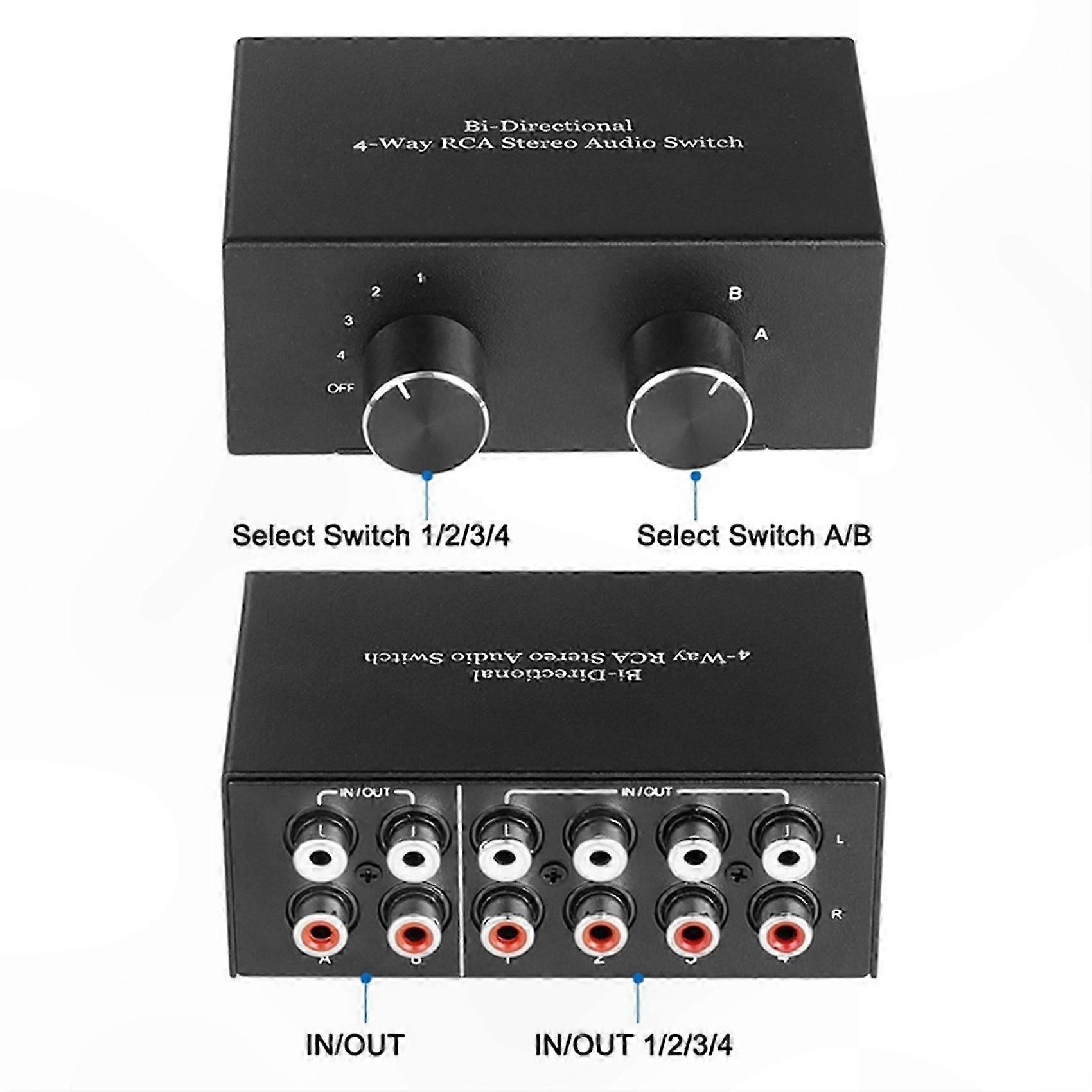 4-Port RCA Audio Switcher with L/R Channels for Stereo Sound, 2-In 4-Out and 4-In 2-Out Configurations