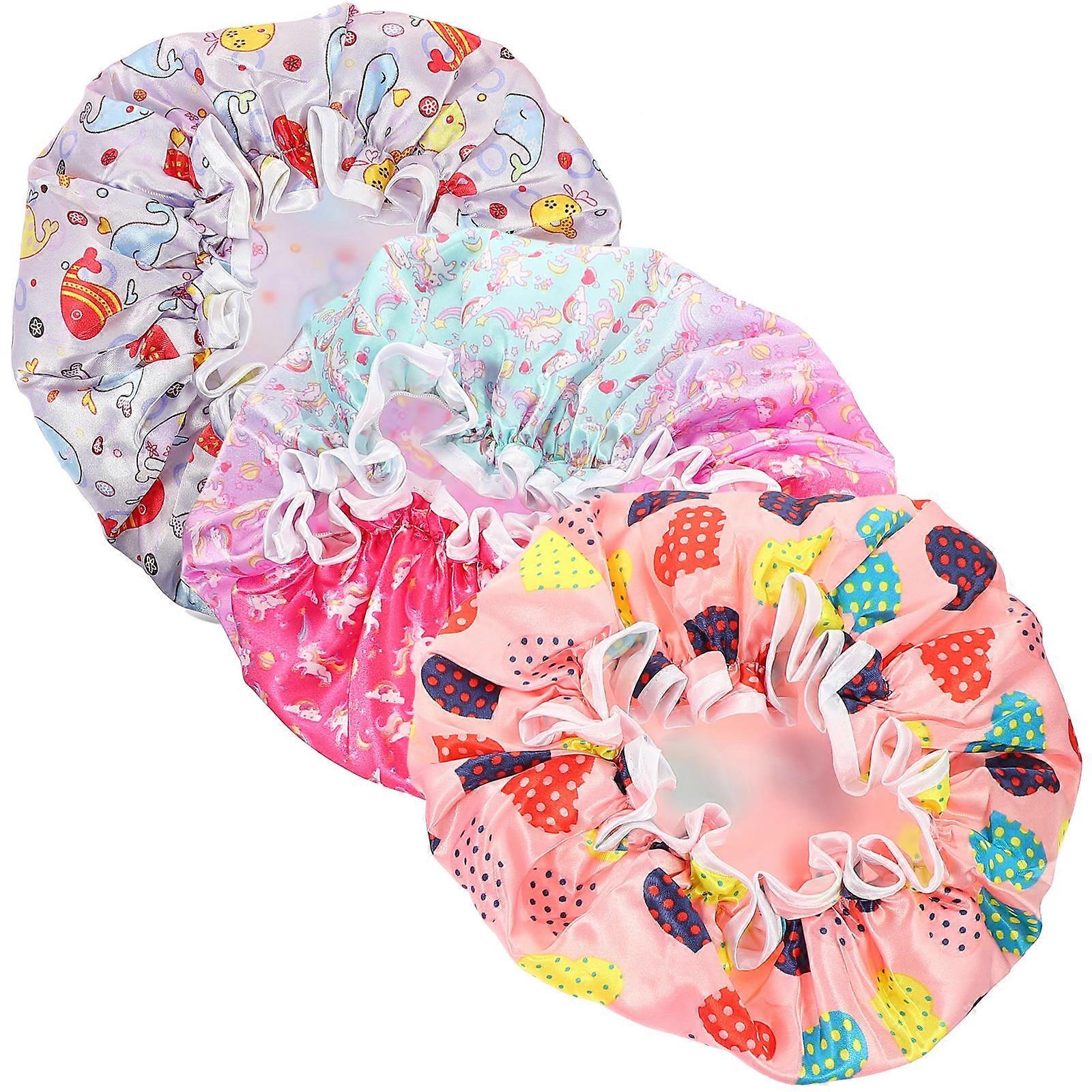 3pcs Reusable Satin Bath Caps for Elastic Fit – Universal Design for Bathing, Sleeping – Heart, Pink, Unicorn, Dolphin, Light Purple Designs