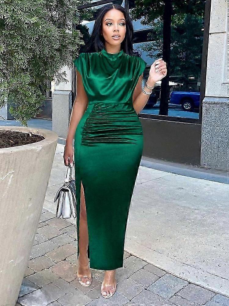 Women Dress Pleated Long Wine Red Elegant Slit High Collar Slim Fit  Sleeveless Maxi Outfits Plus Size Evening Party Shiny Gowns | Fruugo UK