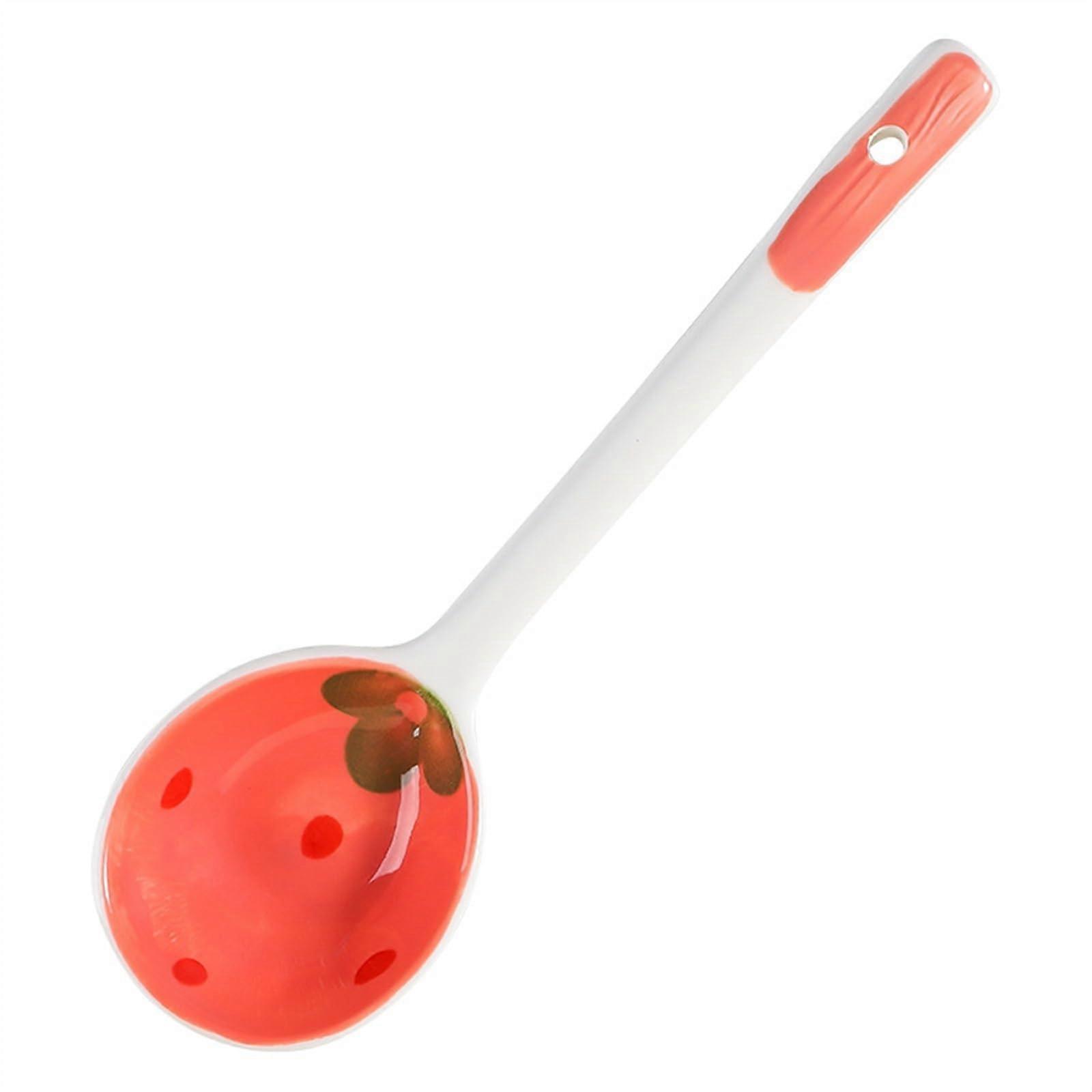 Scoop Strawberry Spoon Ceramic Round Soup Spoon Long Handle Dessert Spoon 1 Piece Multi Function Dining Spoon