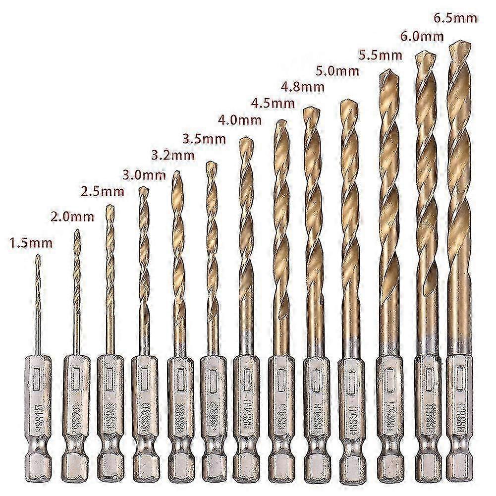 13pcs Hss Hex Shank Drill Bit Set Quick Speed Change Titanium Coated Twist