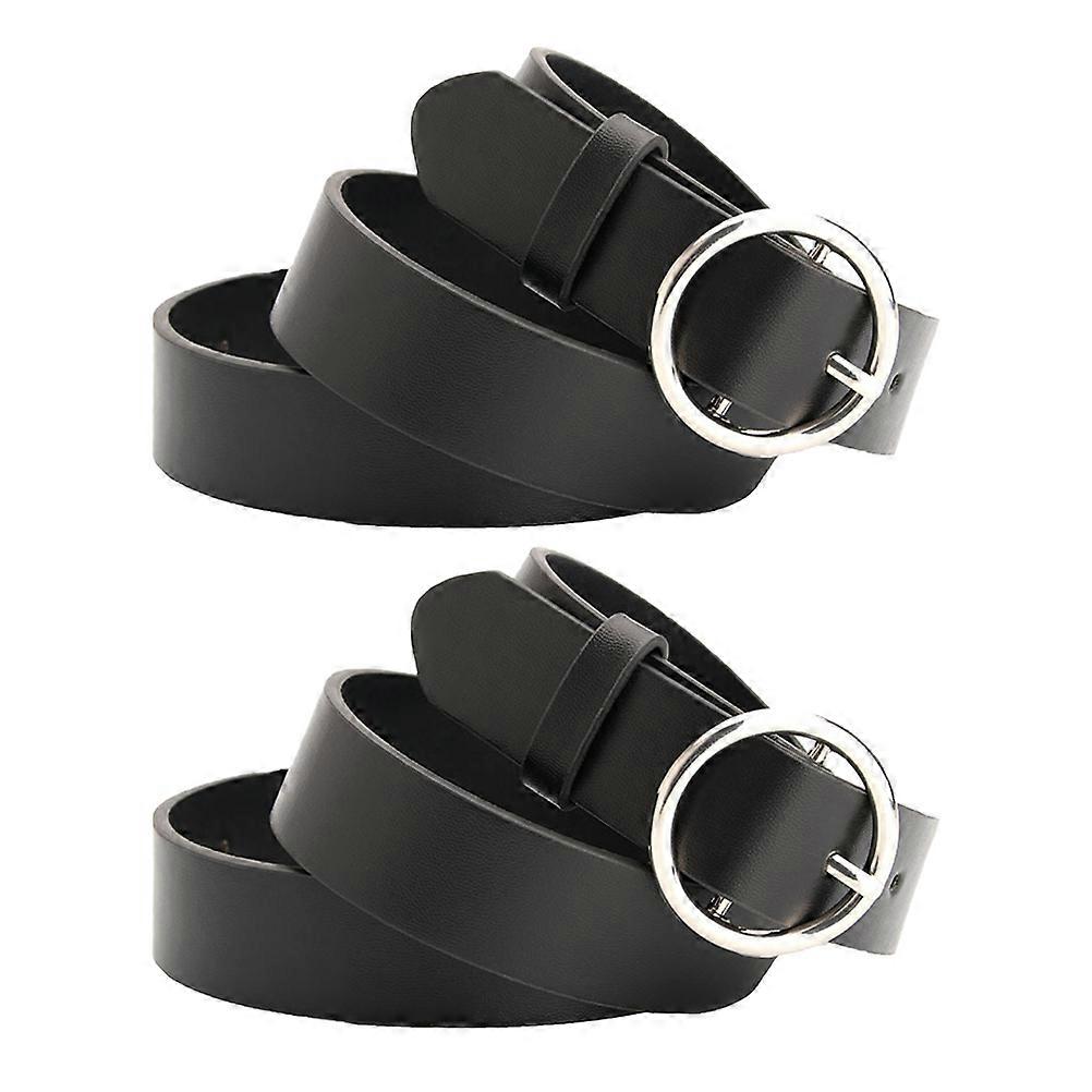 Pants Belt for Women Black Waist Belt with Round Buckle Casual Waistband 2Pcs