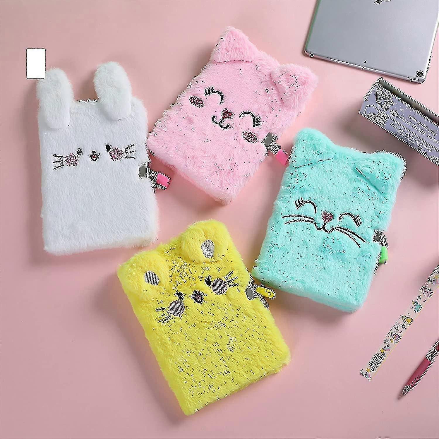 Cute Cat Face Plush Diary With Lock And Key, A5 Lined Hardcover Secret Notebook Locking Journal Writ