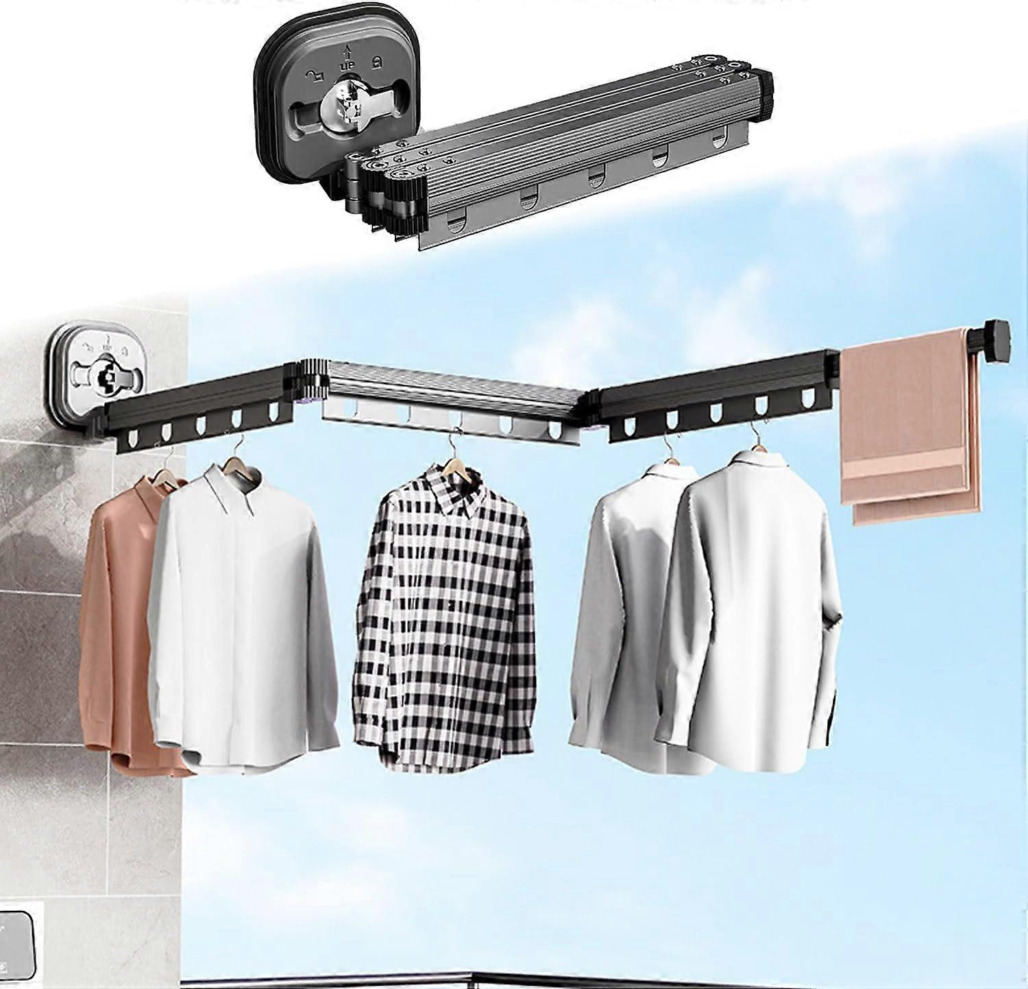 Retractable Clothes Drying Rack Wall Mounted Hanger Rack With Suction Cups Folding Organizer For Home 3Fold Black