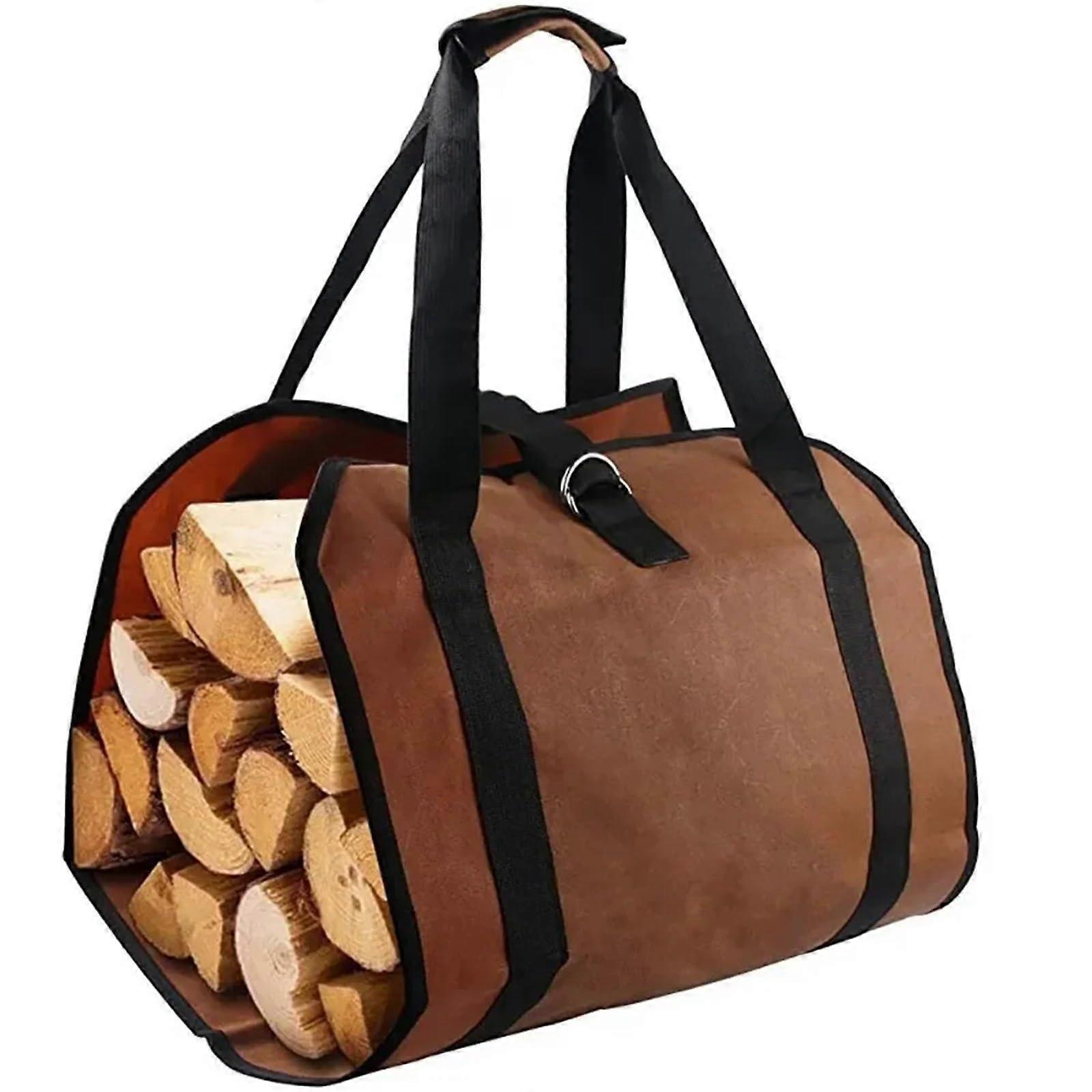 Firewood Carrier Bag Canvas Log Tote with Handles for Outdoor Camping Dark Brown