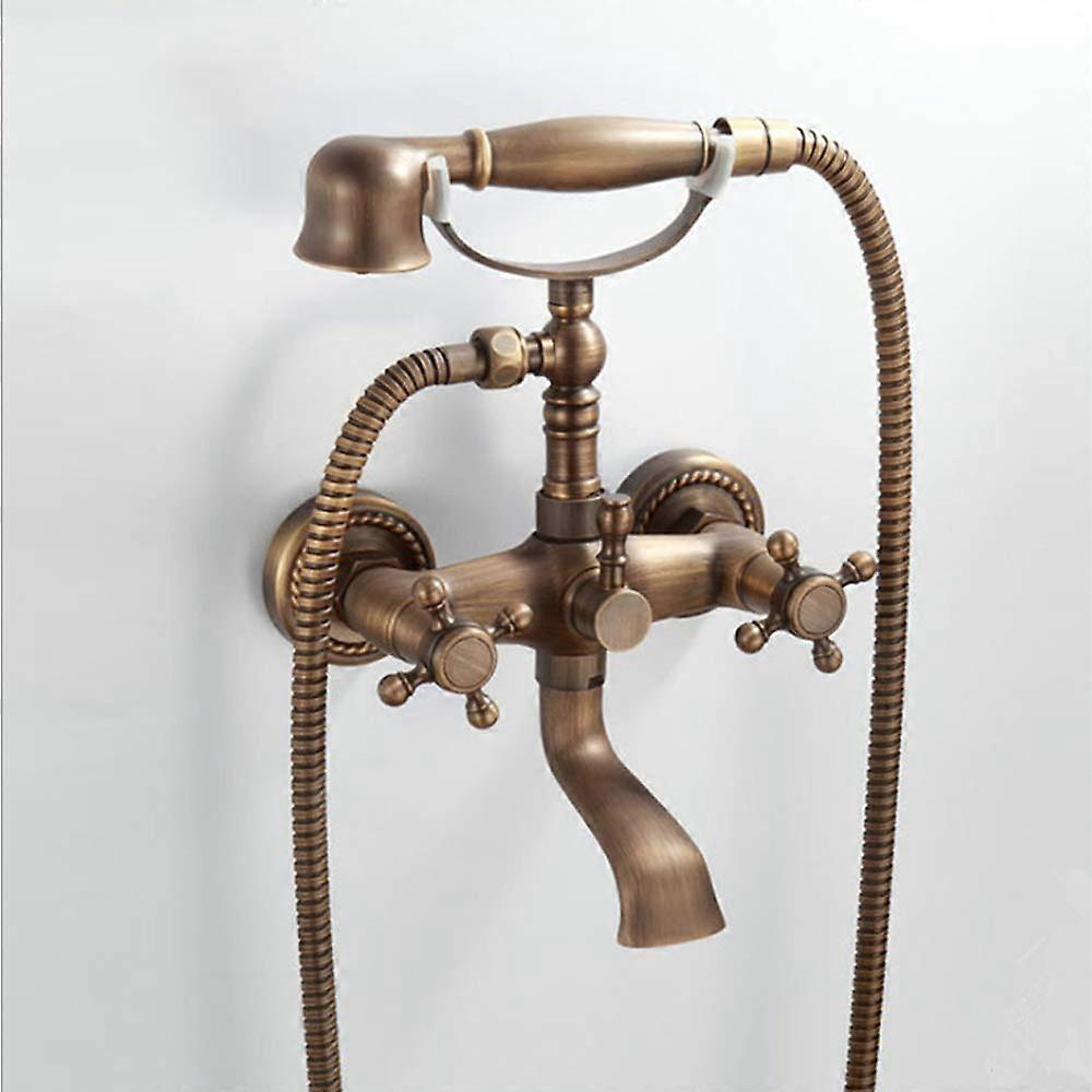 Retro Brass Wall Mounted Bathtub Faucet Set with Double Handles and Handheld Shower for Bathroom