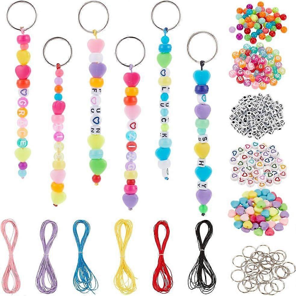 880 Pcs Beaded Keychain Making Kit Including Heart Round Acrylic Seed Beads Iron Split Key Rings and Polyester Cord for DIY Making Keyring Jewelry Dec