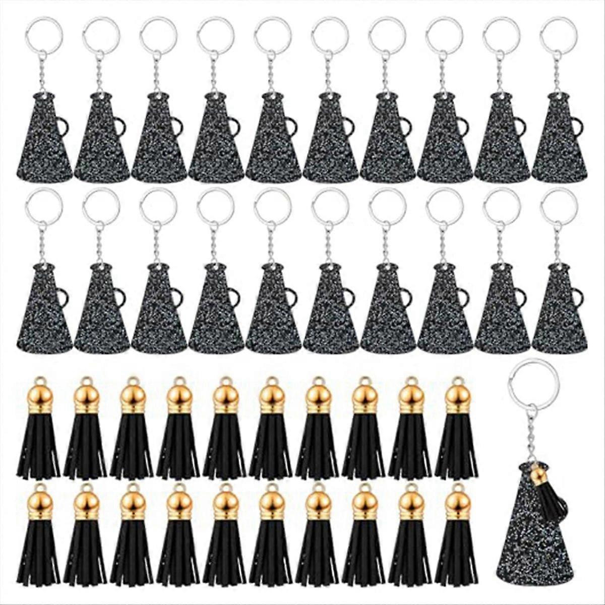 40 Pcs Acrylic Cheer Keychains with Tassel (Glitter Black)