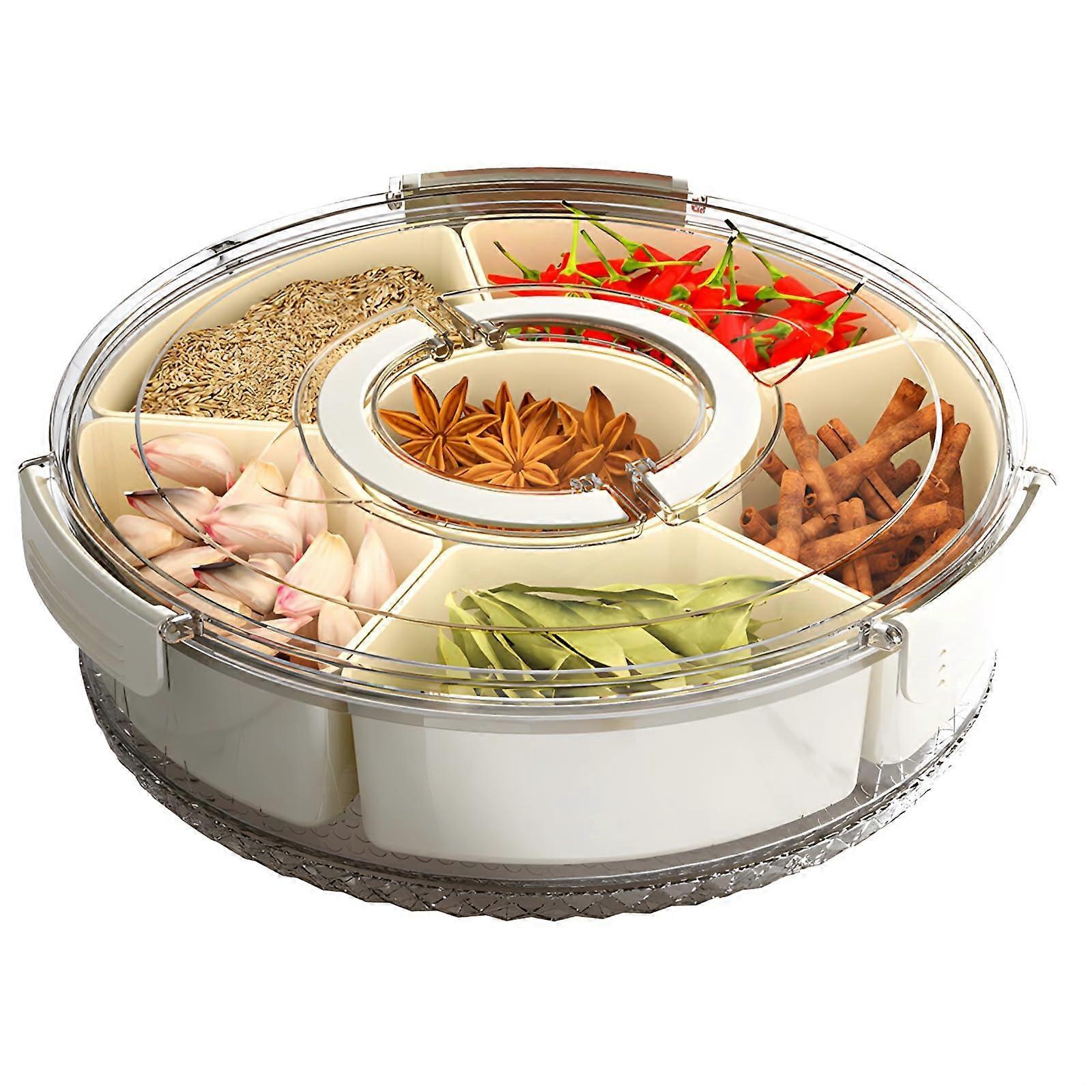 Vegetable Serving Tray with Clear Lid, 6Compartment Rotating Snack Platter with Handle