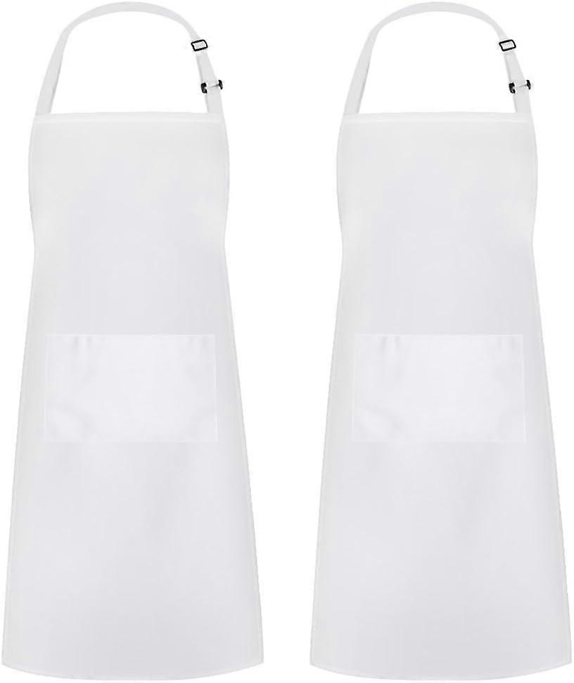 2 Pcs Waterproof Bib Apron with Adjustable Neck Strap and Pockets, White Polyester for Adults