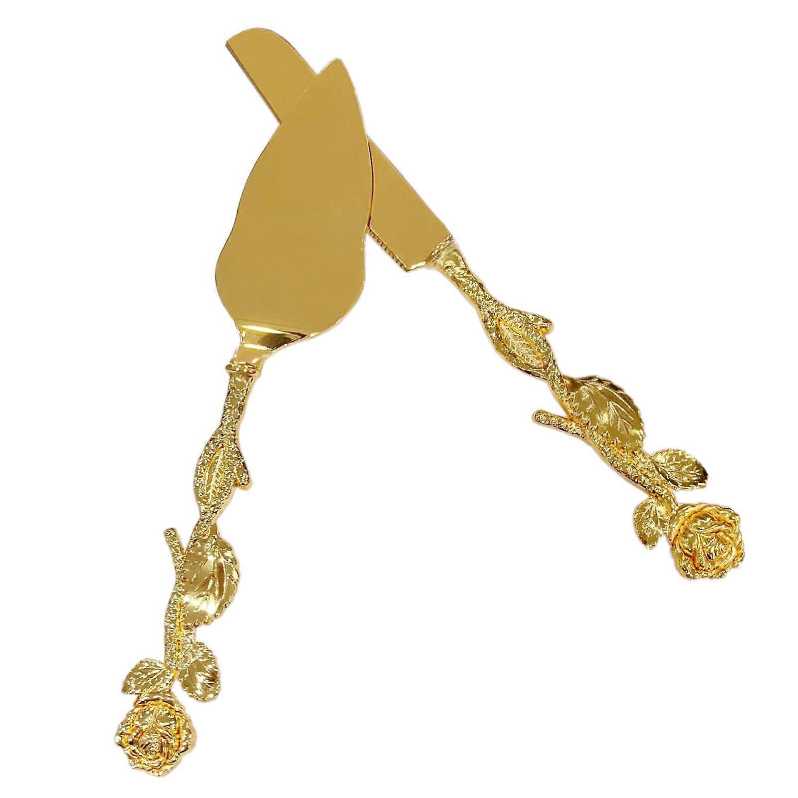Wedding Cake Knife and Server Set with Elegant Gold Rose Handle for Rustic Vintage Weddings