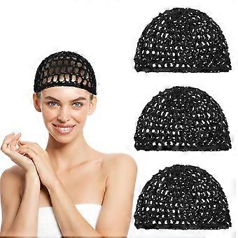 3 Pcs Crochet Hair Net, Comfortable Breathable Mesh Wrap Reusable Elastic Wig Cap Black Soft Nets Women Sleeping Ballet Shower Bath Makeup Hold Long S