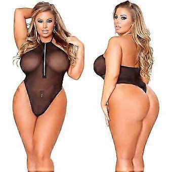 Dame Plus Size Blonde Bodysuit Halter Glidelås Hals Ermeløs Lingeri Svart