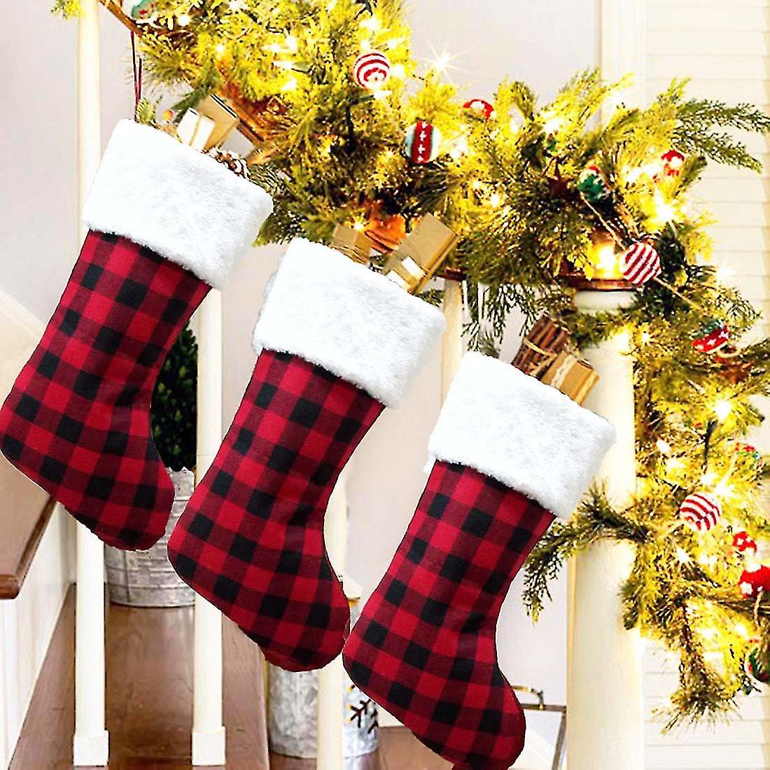 Christmas Stockings 3 Pcs 16.5" With Plush Cuff (buffalo Plaid)