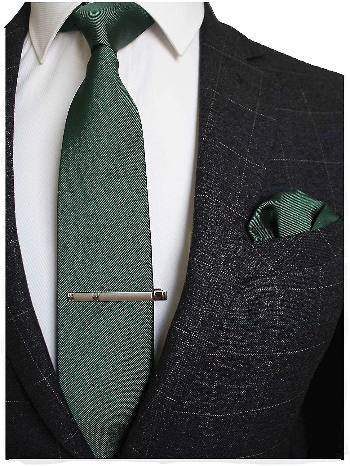 Solid Color Formal Necktie And Pocket Square Tie Clip Sets For Mendark Green