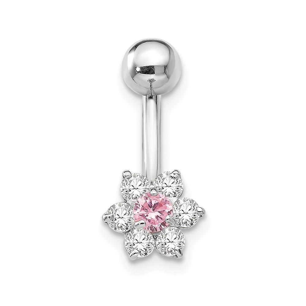 10k White Gold Polished Screw back With Cubic Zirconia Flower Pink Cntr Belly Ring Dangle 20x7mm Wide Body Piercing-Scre