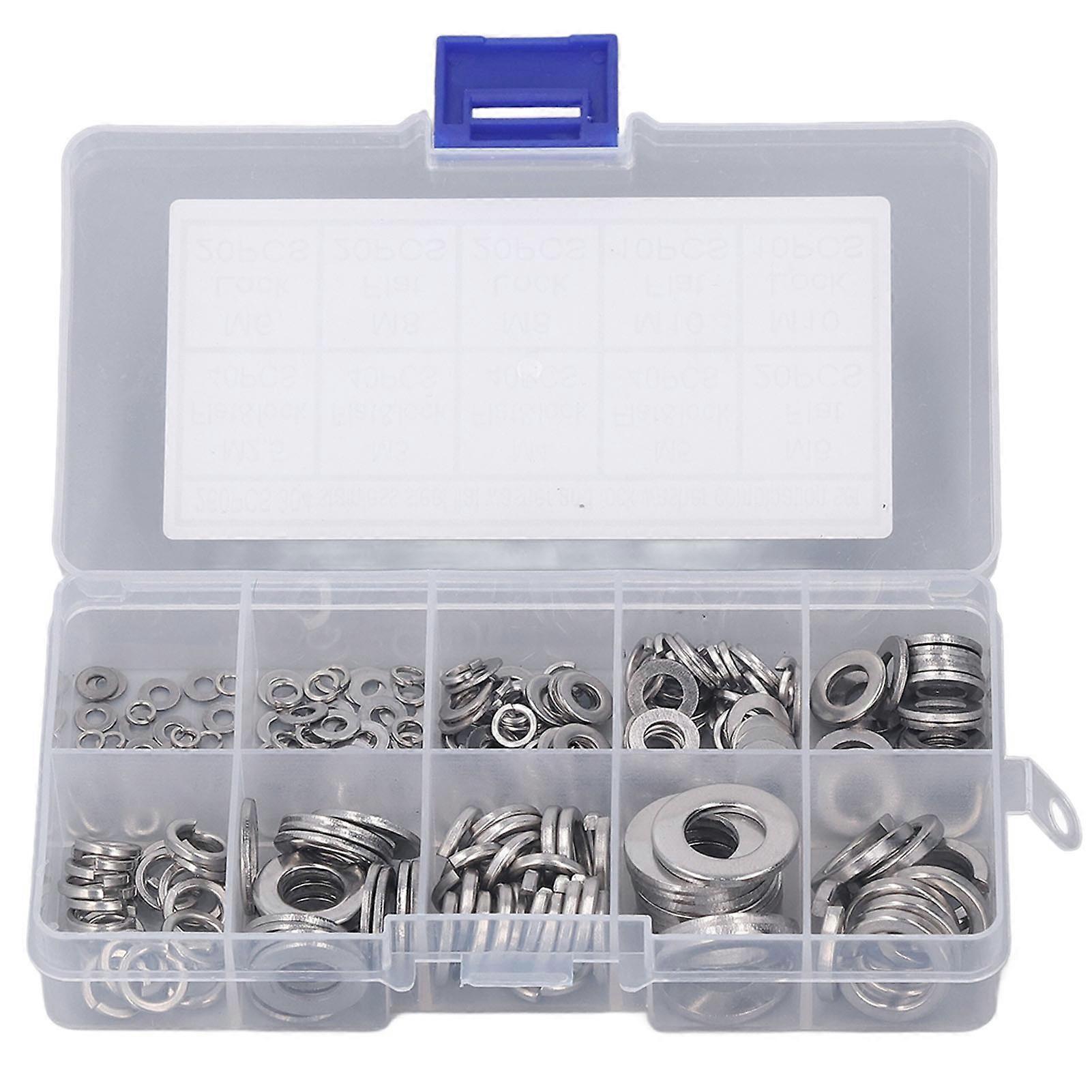 Risegun Stainless Steel Washers Assortment 260Pcs Flat Lock Washers Assortment Kit, 304 Stainless Steel Washers M2.5 M3 M4 M5 M6 M8 M10, Flat Lock