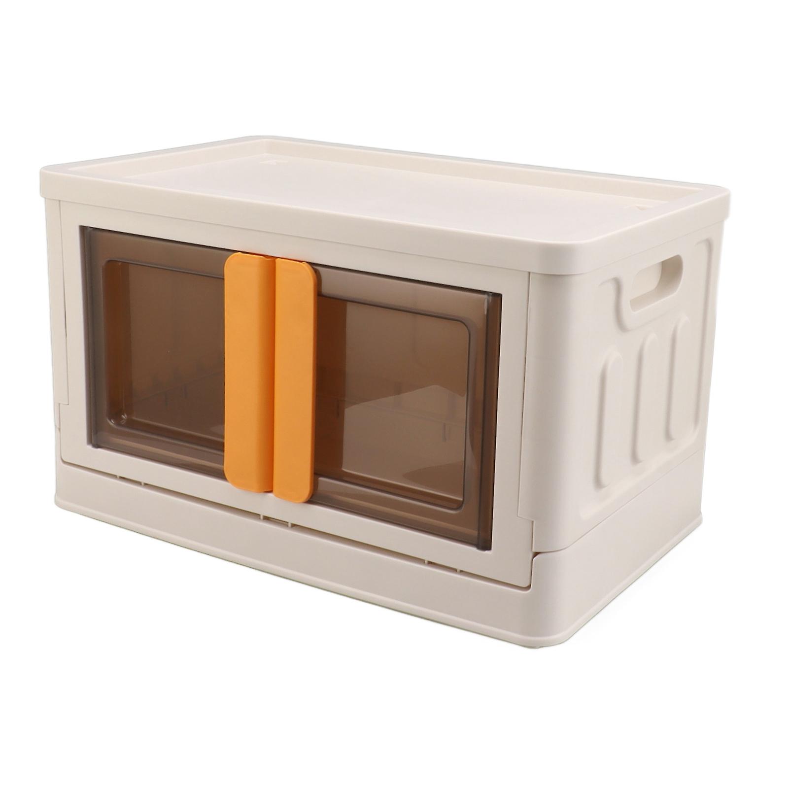 32L Stackable Collapsible Storage Bin White Plastic Storage Bin with Lid Open Front Door Orange Handle