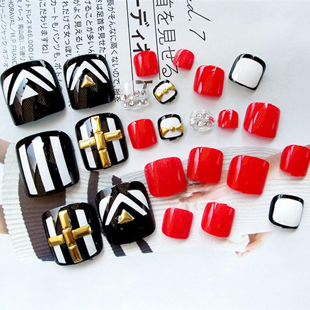 24pcs Glitter Stripe Pattern Nail Art Studs Artificial False Nails Decorations with Glue