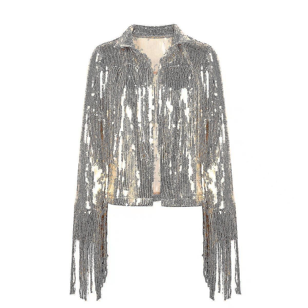 Women's Sequin Jacket With Tassel, Metallic Shiny Cardigan