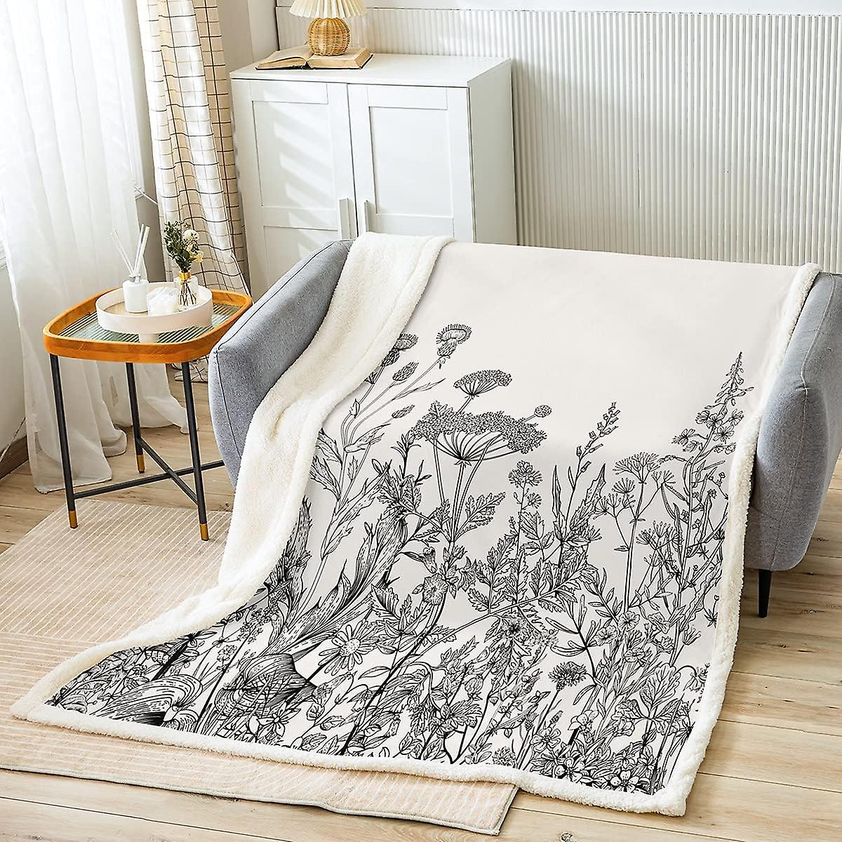 Botanical Fleece Throw Blanket Wild Flowers Plush Blankets and Throws Watercolor Plant Sherpa Blanket Floral and Branches Fuzzy Blanket for Bed Sofa D