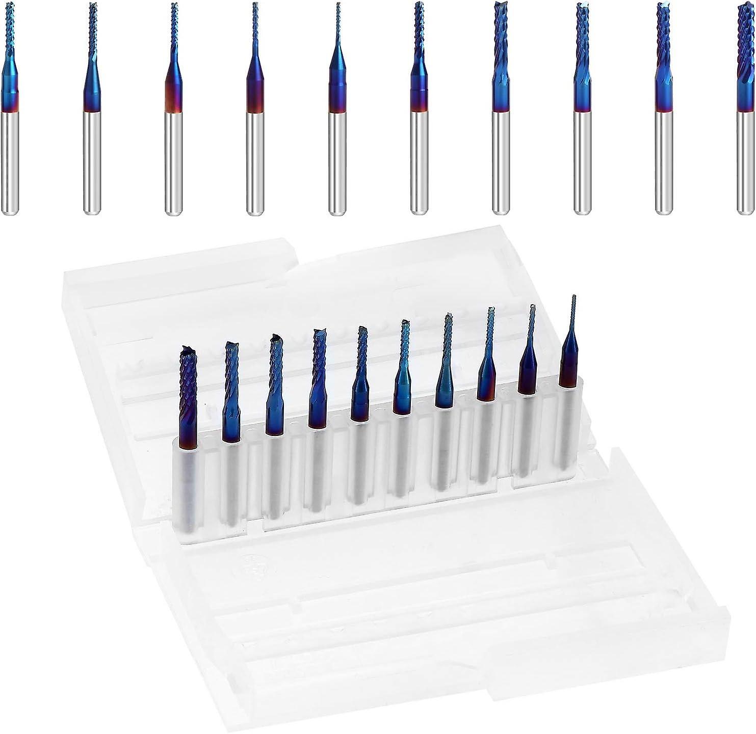 Nano Blue Coat End Mill CNC Router Bits 1/8 Inch Shank 0.8-3.75mm Pack of 10 for Carbon Fiber Hardwo