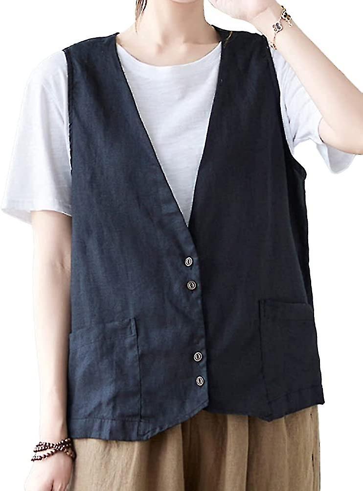 Bomuld Linned Vest Casual Ærmeløs Blazer Cardigans Jakke Vest
