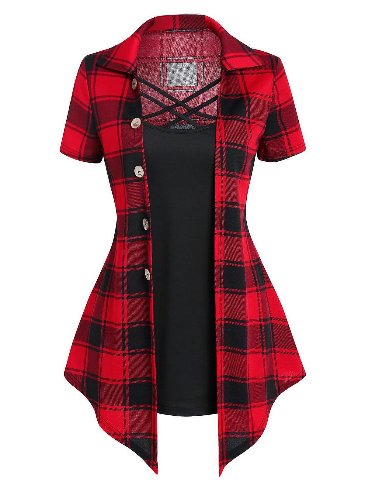 Entrecroiser Plaid Print Mock Button Casual Faux Twinset T Shirt Combo Femmes 2 En 1 Tee Twofer Summer High Waist Fashion T-shirts