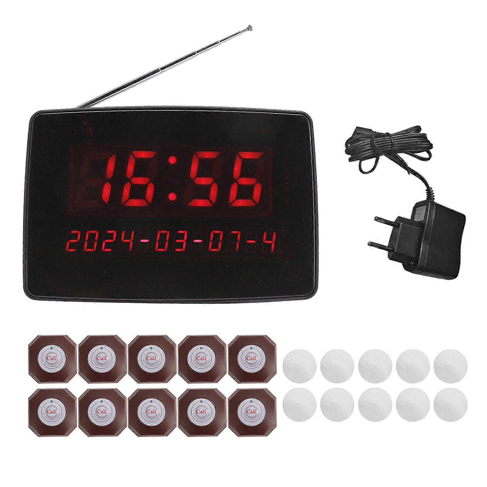 Wireless Calling System Restaurant Queue Pager System Paging Buzzer 1 Display Receiver with 10 Buttons EU Plug