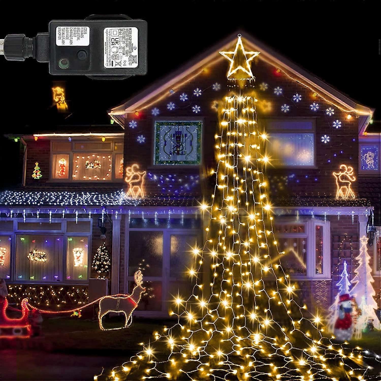 Décorations de Noël en plein air Star String Light 344 LEDs Cascade Cône de Noël Arbre Lumières 9x12FT Arbre de Noël Toppers Fairy Lights avec télécommande f