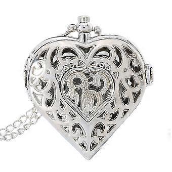 Hollow Quartz Heart Shaped Pocket Watch Necklace Pendant Chain Clock Women Gift
