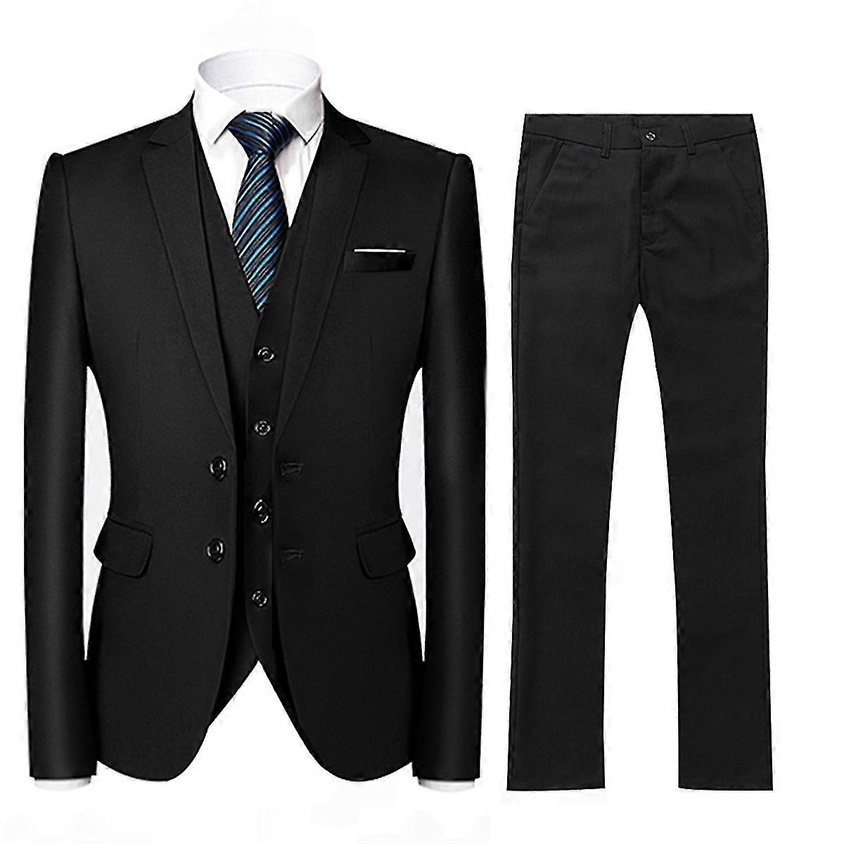 Mens Business Wedding Notched Lapel Solid Color Slim-fit Two-button Three-piece Suit (blazer And Pants And Vest)