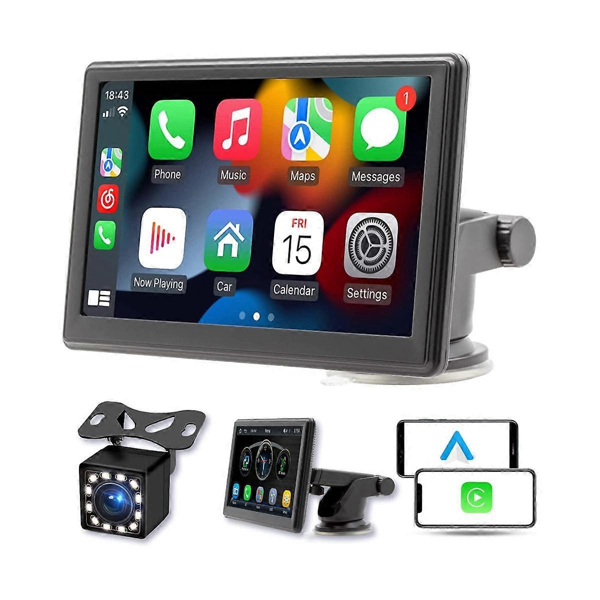 Portable Wireless Carplay Screen Dash Mount, 7 Inch Touch Screen Car Stereo Bluetooth, FM Car Radio