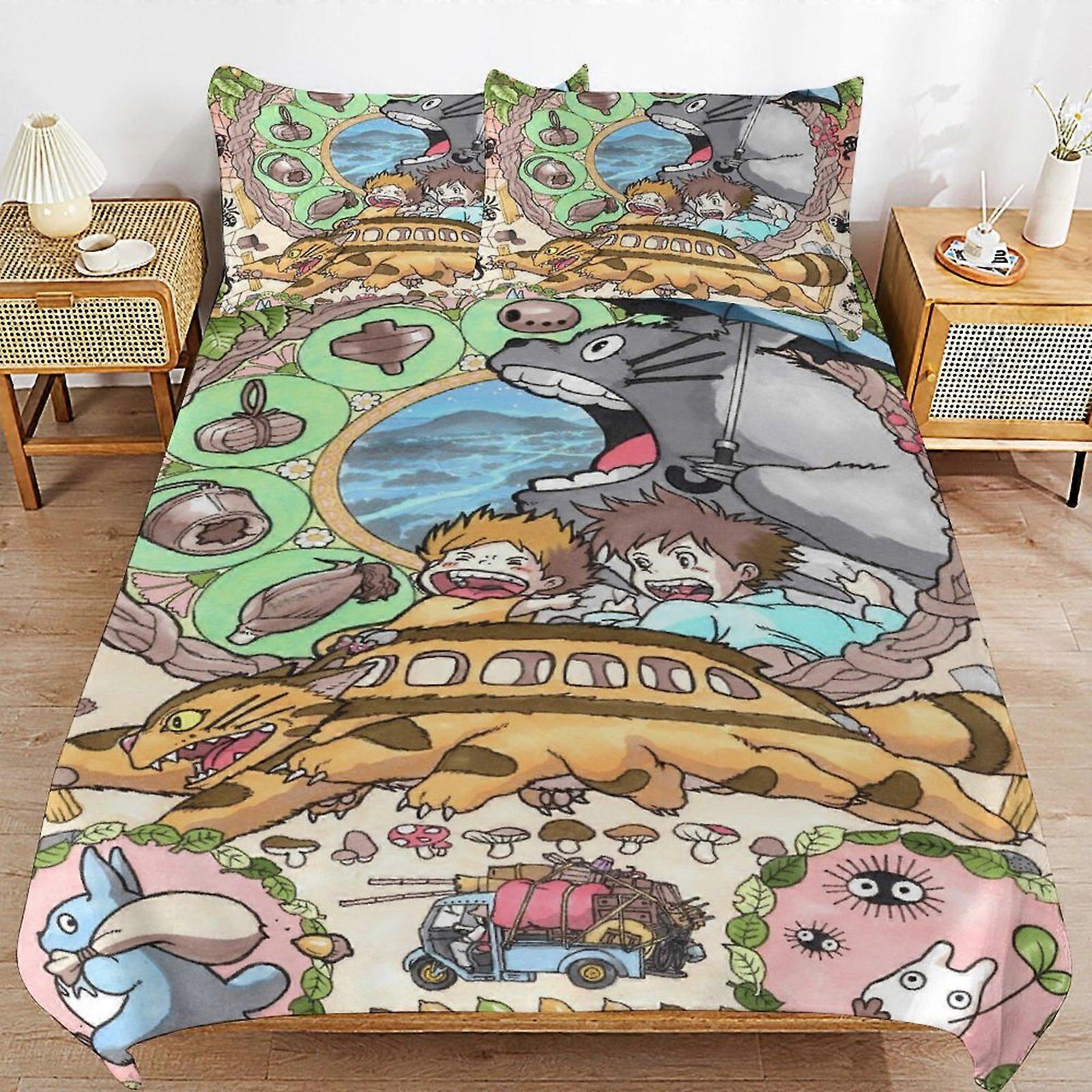 x409 My Neighbor Totoro Povlečení na postel Soupravy povlečení z mikrovlákna 3D tištěné lehké 3dílné sady přikrývek, 1 povlak na přikrývku a 2 polštáře na polštáře pro Ki