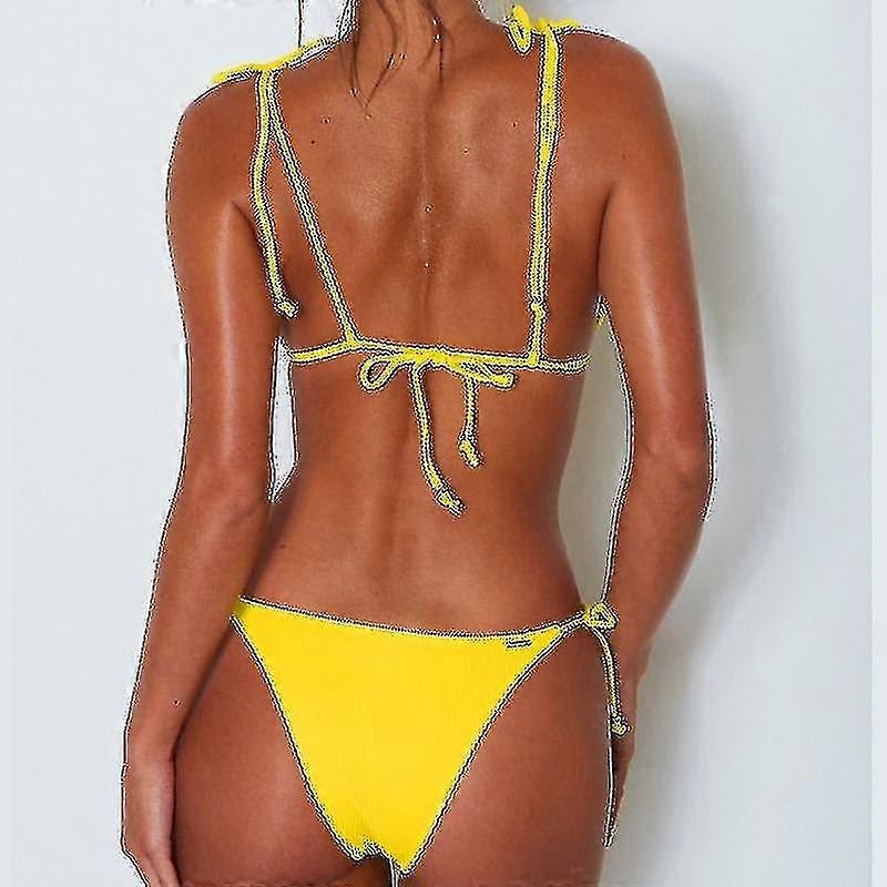 Kvinder Polstret Bikini Sæt Strappy Badedragt 2pc Triangle Badedragt Solid Gul XL DFA8104