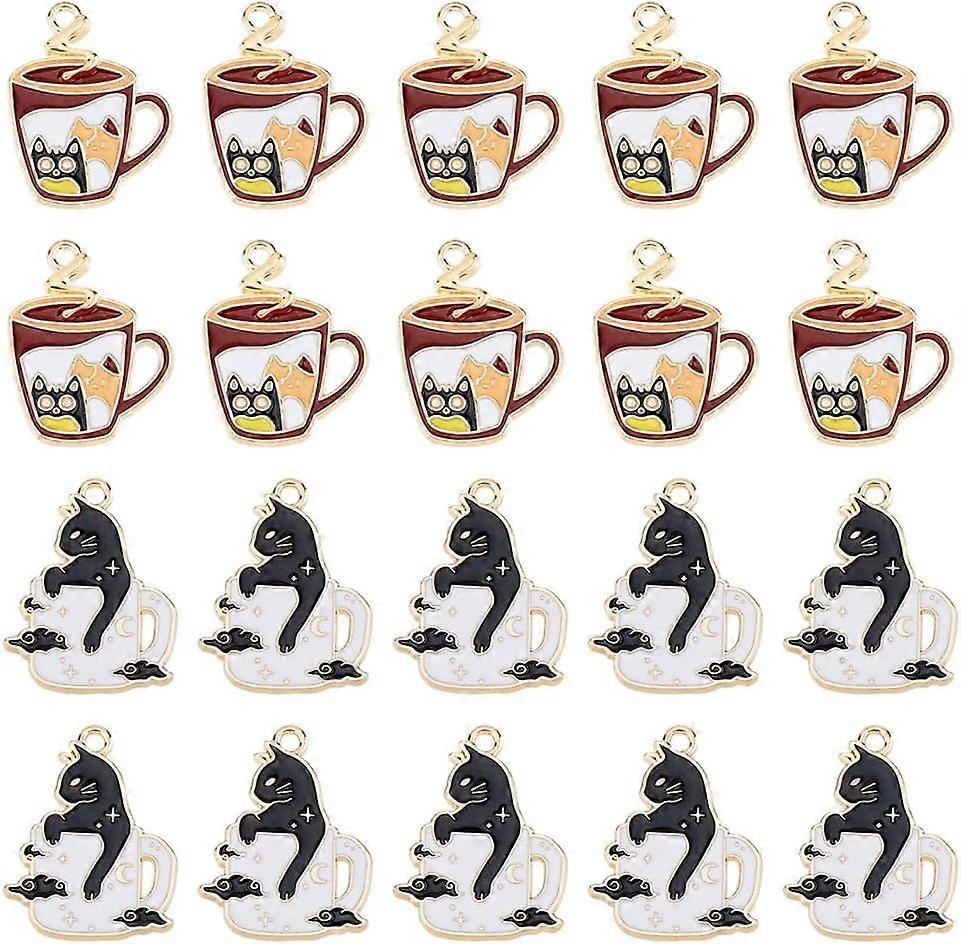 20Pcs 2 Styles Black Cat Charms Cute Enamel Cat Charms Light Gold Alloy Charms Small Cat Coffee Charms for DIY Jewelry Making Hole: 1.6mm