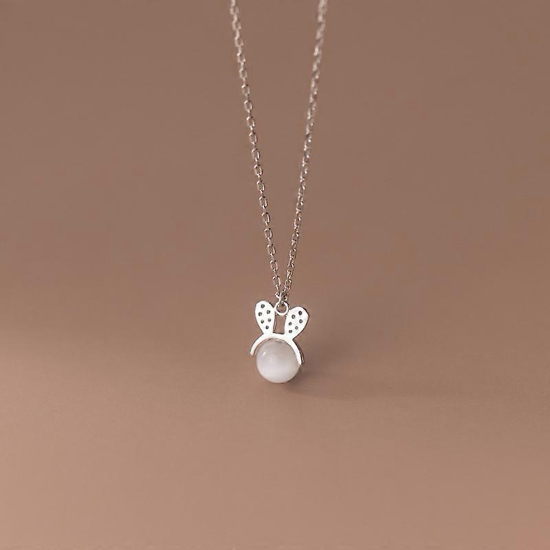 s925 silver diamond-studded rabbit ears opal necklace small fresh