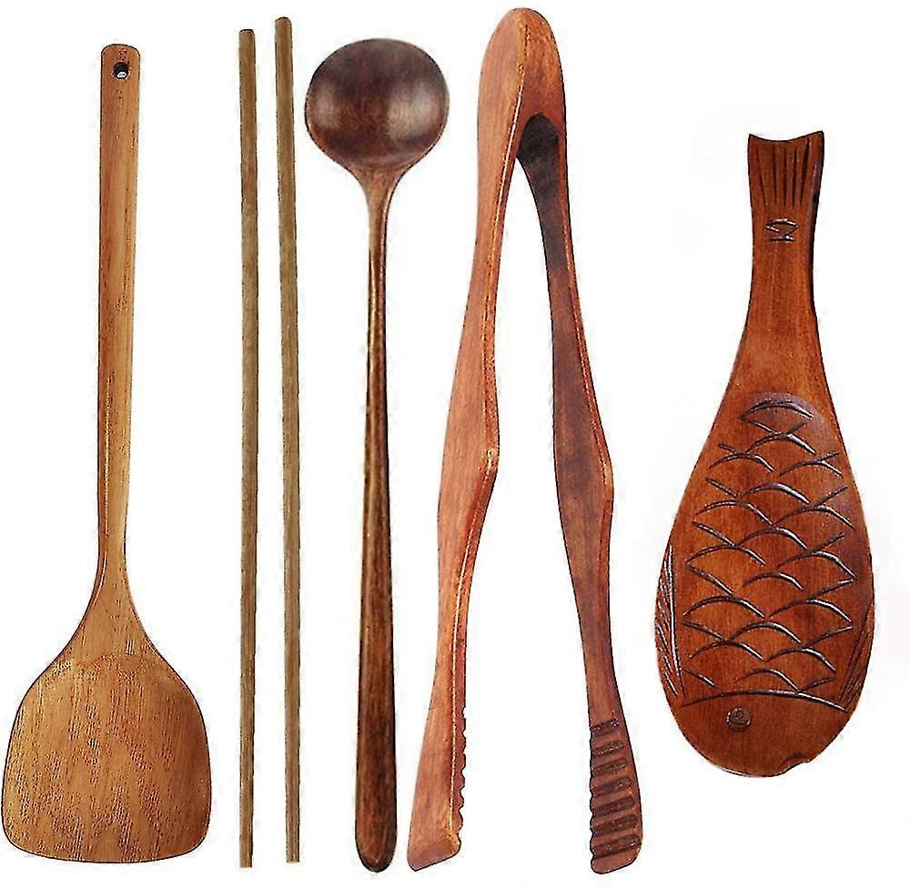 أواني الطبخ الخشبية أدوات المطبخ مجموعة مع ووك ملعقة الطعام ملقط الطبخ ملعقة طويلة مقبض عيدان تناول الطعام الأرز مجداف ملعقة تقديم