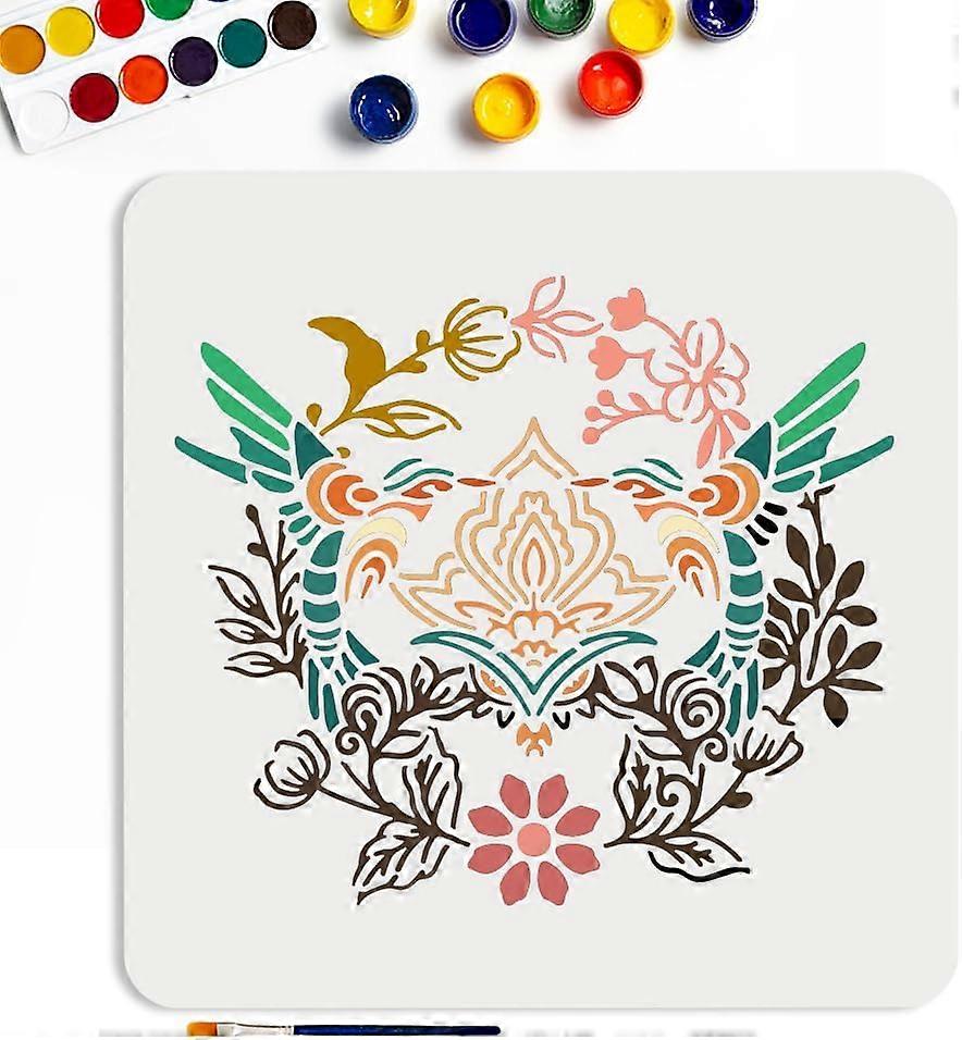 Symmetrical Bird Painting Stencil 11.8x11.8inchs with Paint Brush Reusable Bird and Flower Pattern Template Spring Painting Stencils for Scrapbooking