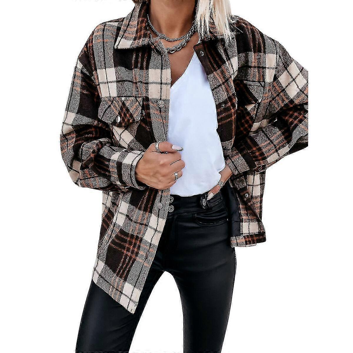 Lässige, langärmelige Button-Down-Hemdjacke für Damen in schwerer Karomuster