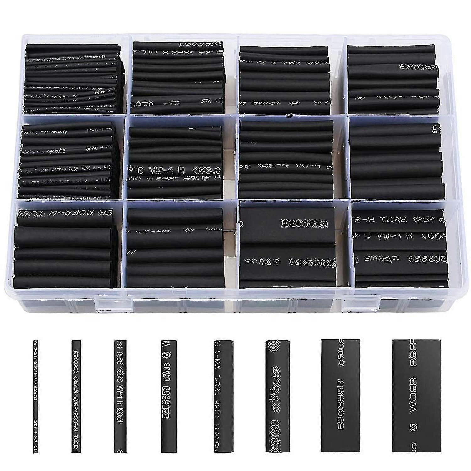 650pcs Black Heat Shrink Tubing Kit, 8 Sizes Ratio 2:1