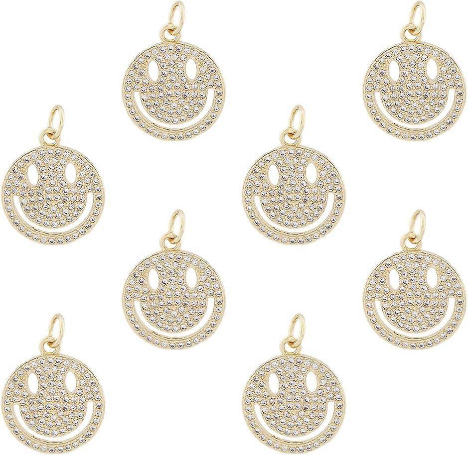 8Pcs Rhinestone Smile Face Charms Real 18K Flat Round with Smile Face Pendants CZ Hollow Happy Smiling Pendants with Jump Ring Hole: 5mm DIY