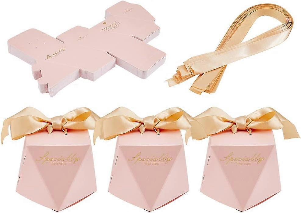 50 Sets Floding Cardboard Candy Boxes 7.55x7.55x5.9cm Diamond Shape Candy Boxes with Champagne Ribbon and Gold Stamping Word Thanks Small Gift Boxes f