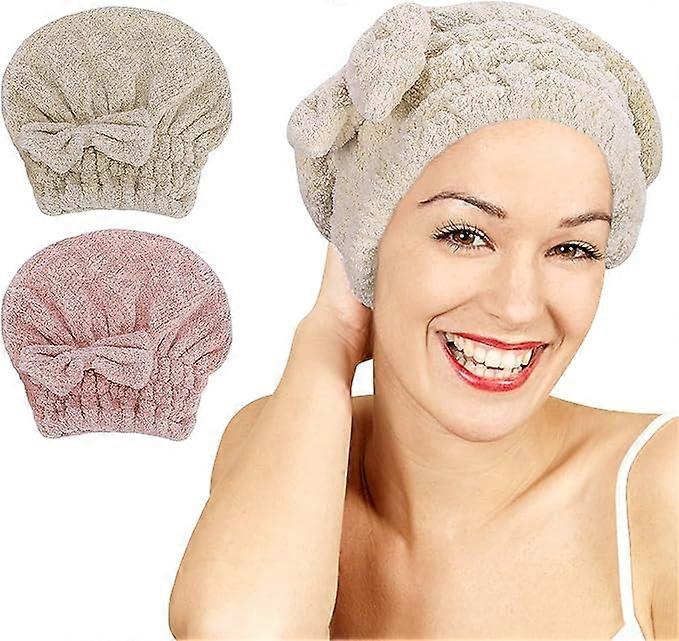 2-piece set of bow hat dry hair towels (pink and brown), super absorbent towel hat, quick drying hair with bow shower hat, suitable for curly, long, t