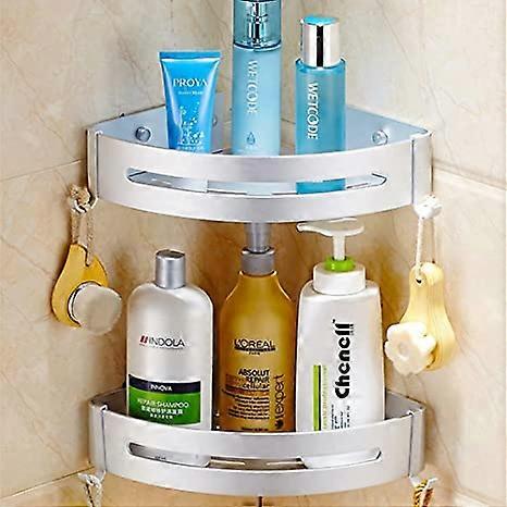 Corner Shower Caddy, 2 Tiers Triangle Bathroom Shelves, Wall Mount Organizers Storage Shelf Baskets with 4 Removable Hooks for Bathroom Kitchen