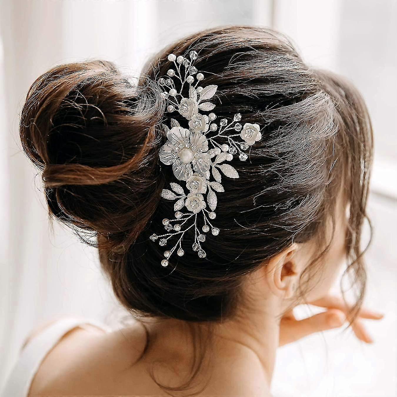 結婚式の髪の櫛アイボリー花ブライダルヘッドピースヘアクリップ結婚式の髪の髪のアクセサリー花嫁(シルバー)